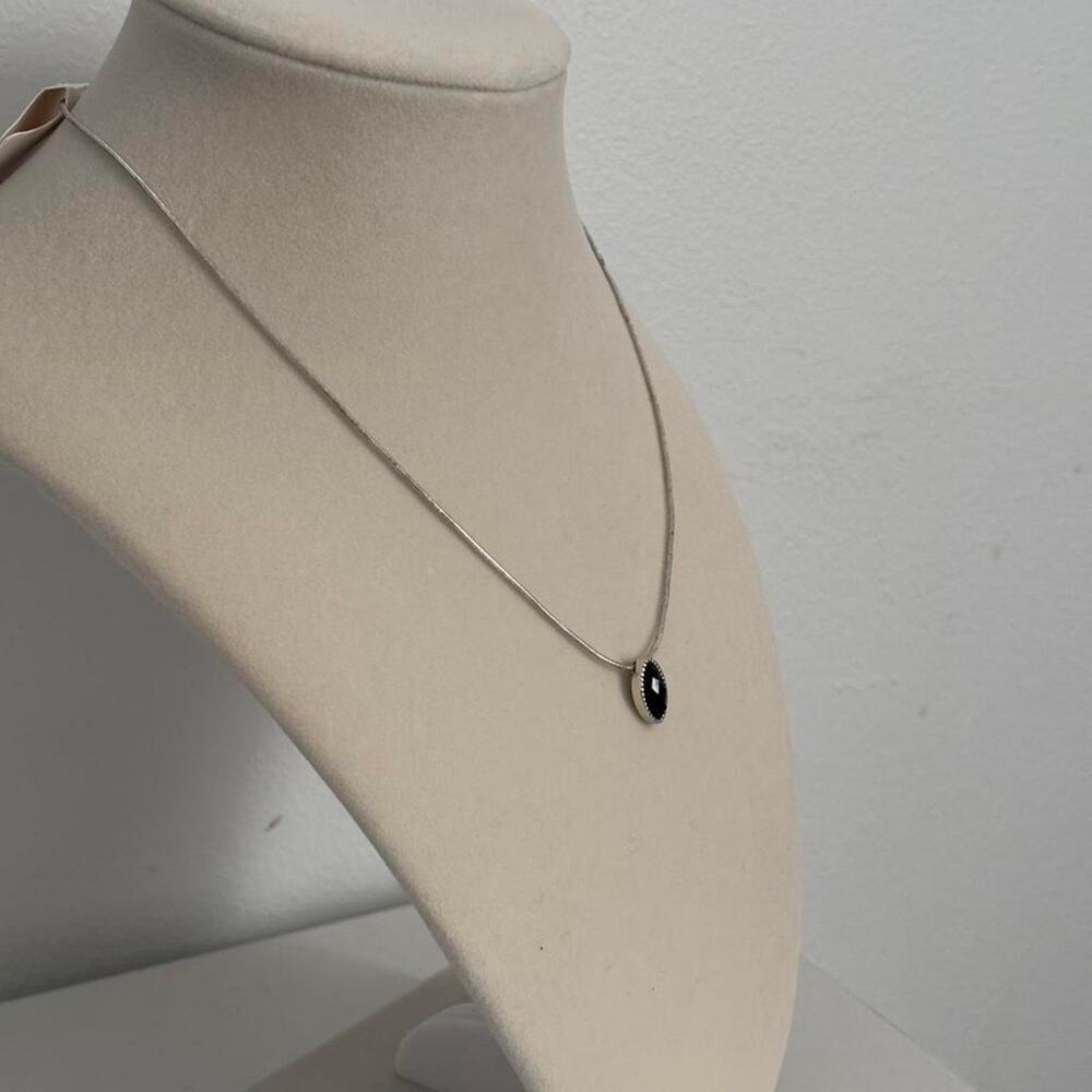 Black Stone Necklace Silver Stainless Steel Minimal Pendant Elegant Jewelry Gift - Picture 2 of 3